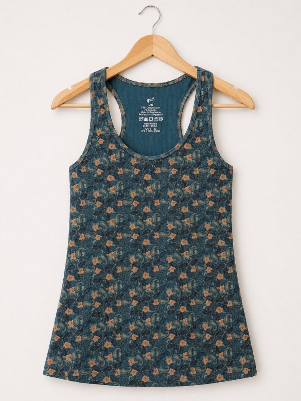 Paisley Floral L/G Cotton Tank Top Green Floral Racerback Y2K Sporty Yoga Preppy